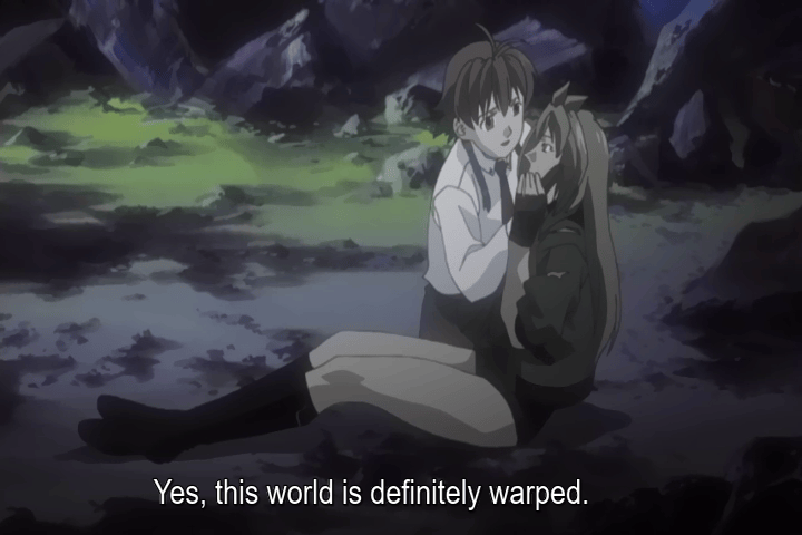 anime screenshot: a girl with short brown hair kneels on the ground, holding a girl with long blonde hair; in subtitles, "Yes, this world is definitely warped."